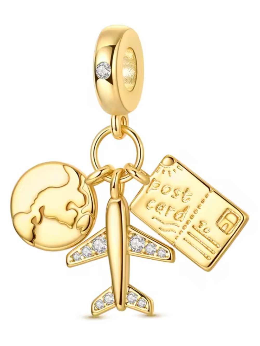 Pandora Gold Travel Charm Dangle Necklace with Globe, Airplane & Postcard